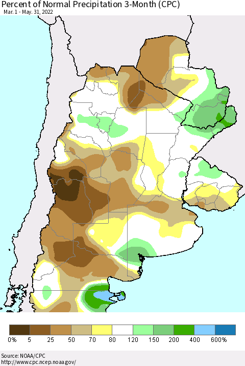 Southern South America Percent of Normal Precipitation 3-Month (CPC) Thematic Map For 3/1/2022 - 5/31/2022