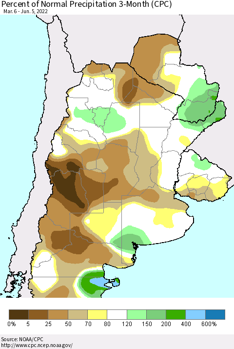 Southern South America Percent of Normal Precipitation 3-Month (CPC) Thematic Map For 3/6/2022 - 6/5/2022