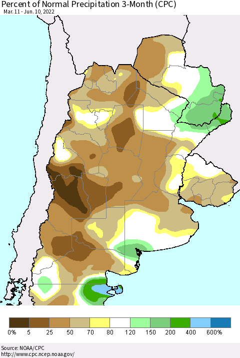 Southern South America Percent of Normal Precipitation 3-Month (CPC) Thematic Map For 3/11/2022 - 6/10/2022