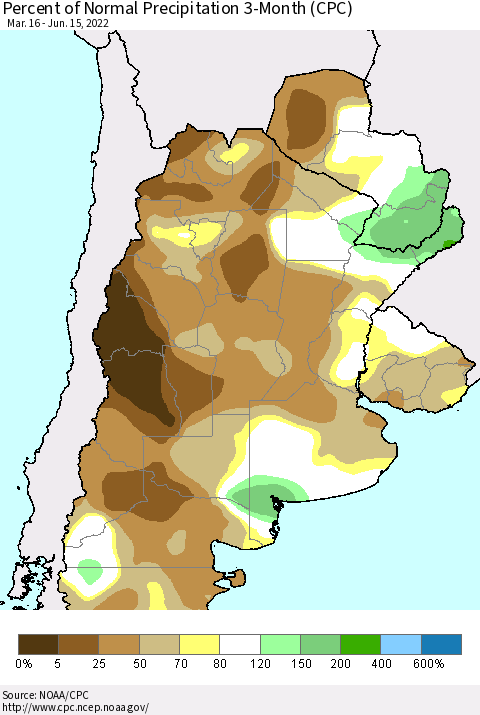 Southern South America Percent of Normal Precipitation 3-Month (CPC) Thematic Map For 3/16/2022 - 6/15/2022