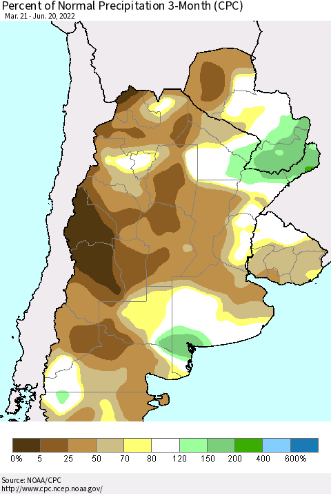 Southern South America Percent of Normal Precipitation 3-Month (CPC) Thematic Map For 3/21/2022 - 6/20/2022