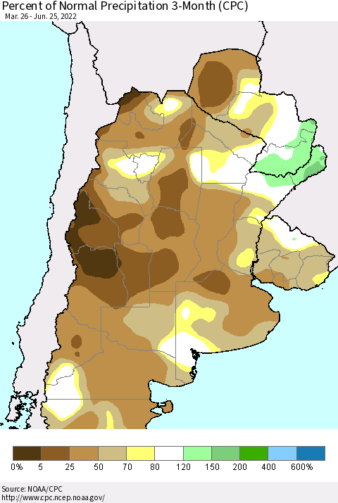 Southern South America Percent of Normal Precipitation 3-Month (CPC) Thematic Map For 3/26/2022 - 6/25/2022