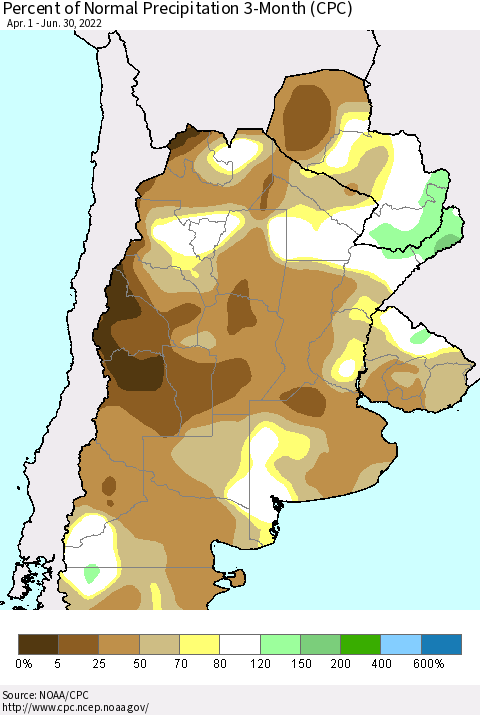 Southern South America Percent of Normal Precipitation 3-Month (CPC) Thematic Map For 4/1/2022 - 6/30/2022