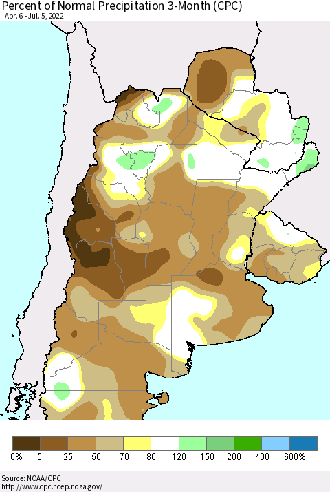 Southern South America Percent of Normal Precipitation 3-Month (CPC) Thematic Map For 4/6/2022 - 7/5/2022