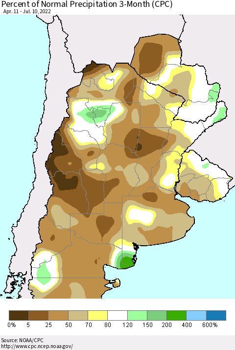 Southern South America Percent of Normal Precipitation 3-Month (CPC) Thematic Map For 4/11/2022 - 7/10/2022