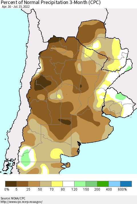 Southern South America Percent of Normal Precipitation 3-Month (CPC) Thematic Map For 4/16/2022 - 7/15/2022