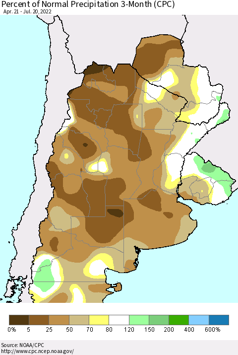 Southern South America Percent of Normal Precipitation 3-Month (CPC) Thematic Map For 4/21/2022 - 7/20/2022
