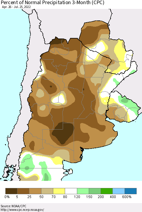 Southern South America Percent of Normal Precipitation 3-Month (CPC) Thematic Map For 4/26/2022 - 7/25/2022