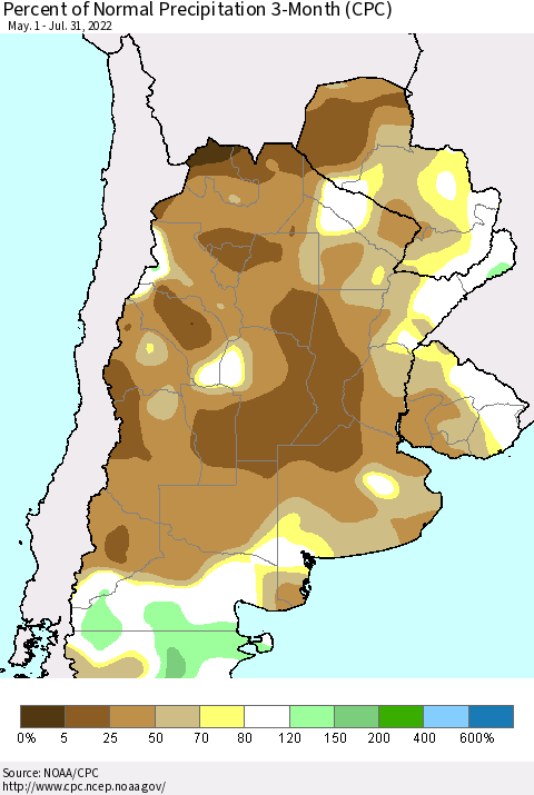 Southern South America Percent of Normal Precipitation 3-Month (CPC) Thematic Map For 5/1/2022 - 7/31/2022