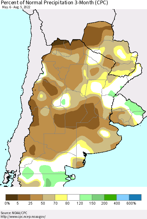 Southern South America Percent of Normal Precipitation 3-Month (CPC) Thematic Map For 5/6/2022 - 8/5/2022