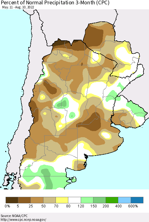 Southern South America Percent of Normal Precipitation 3-Month (CPC) Thematic Map For 5/11/2022 - 8/10/2022