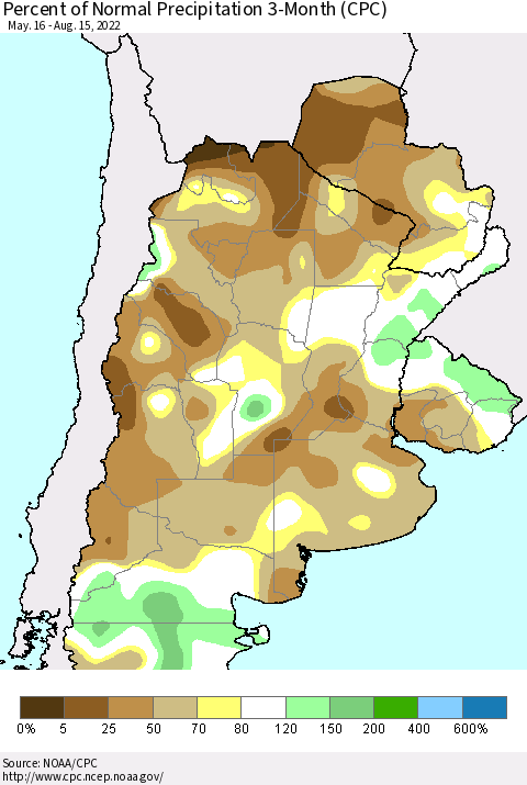 Southern South America Percent of Normal Precipitation 3-Month (CPC) Thematic Map For 5/16/2022 - 8/15/2022