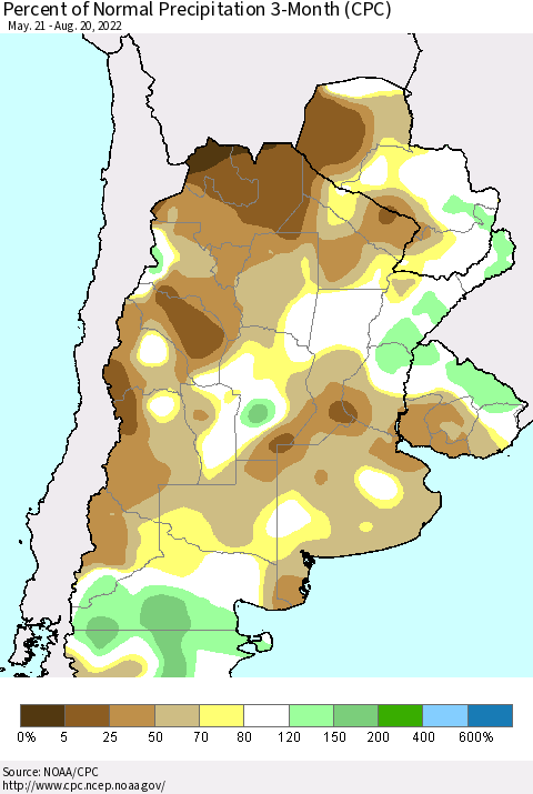Southern South America Percent of Normal Precipitation 3-Month (CPC) Thematic Map For 5/21/2022 - 8/20/2022