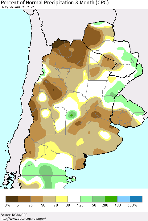 Southern South America Percent of Normal Precipitation 3-Month (CPC) Thematic Map For 5/26/2022 - 8/25/2022
