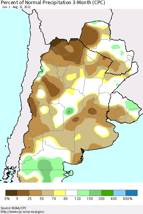 Southern South America Percent of Normal Precipitation 3-Month (CPC) Thematic Map For 6/1/2022 - 8/31/2022