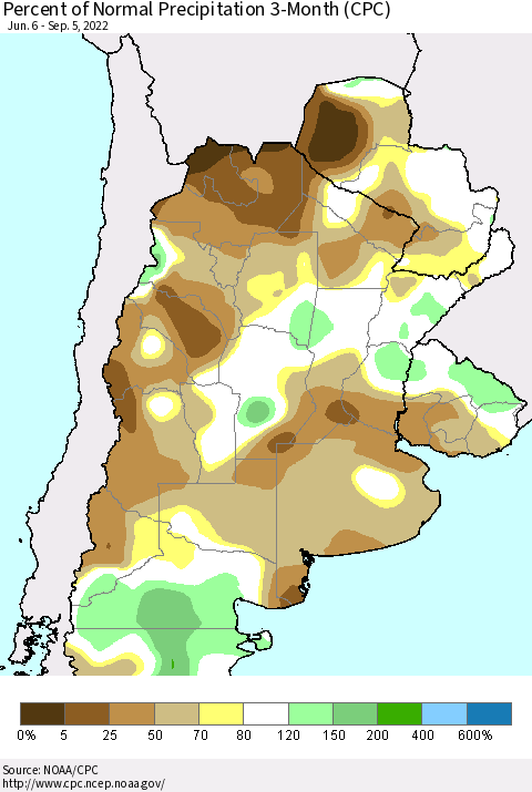 Southern South America Percent of Normal Precipitation 3-Month (CPC) Thematic Map For 6/6/2022 - 9/5/2022