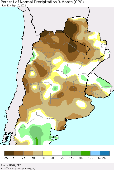 Southern South America Percent of Normal Precipitation 3-Month (CPC) Thematic Map For 6/11/2022 - 9/10/2022
