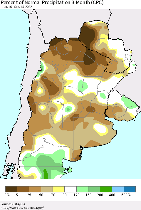 Southern South America Percent of Normal Precipitation 3-Month (CPC) Thematic Map For 6/16/2022 - 9/15/2022