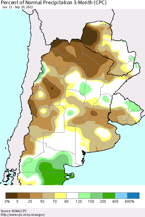 Southern South America Percent of Normal Precipitation 3-Month (CPC) Thematic Map For 6/21/2022 - 9/20/2022