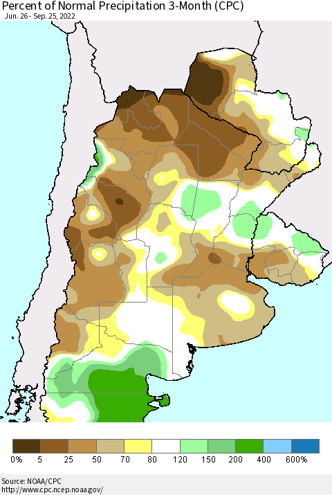 Southern South America Percent of Normal Precipitation 3-Month (CPC) Thematic Map For 6/26/2022 - 9/25/2022