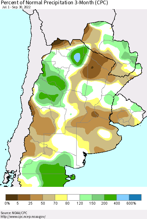 Southern South America Percent of Normal Precipitation 3-Month (CPC) Thematic Map For 7/1/2022 - 9/30/2022