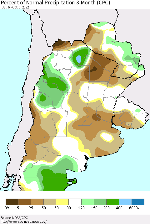 Southern South America Percent of Normal Precipitation 3-Month (CPC) Thematic Map For 7/6/2022 - 10/5/2022
