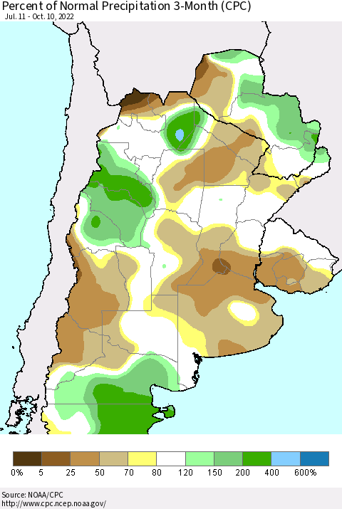 Southern South America Percent of Normal Precipitation 3-Month (CPC) Thematic Map For 7/11/2022 - 10/10/2022