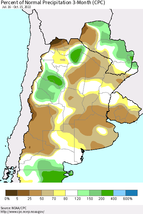 Southern South America Percent of Normal Precipitation 3-Month (CPC) Thematic Map For 7/16/2022 - 10/15/2022