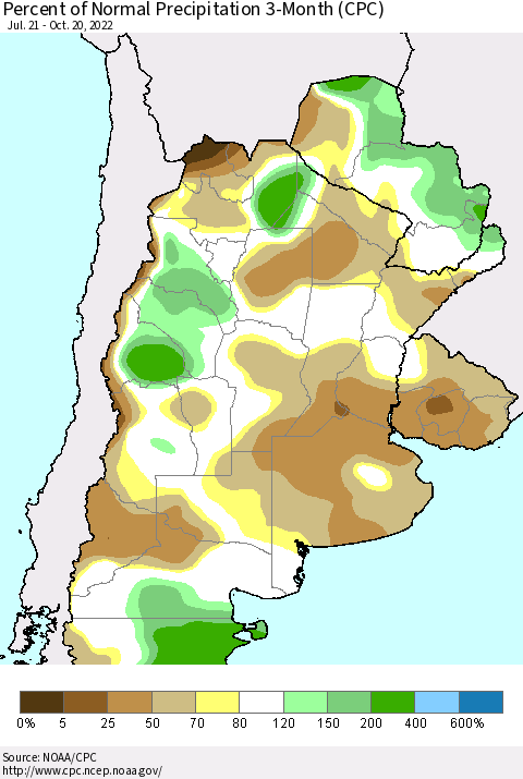 Southern South America Percent of Normal Precipitation 3-Month (CPC) Thematic Map For 7/21/2022 - 10/20/2022
