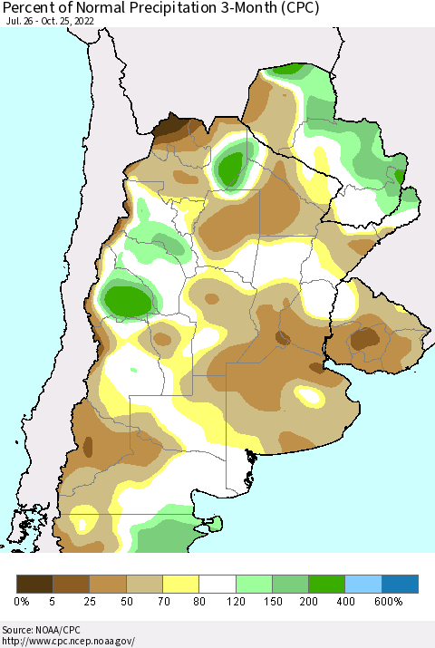 Southern South America Percent of Normal Precipitation 3-Month (CPC) Thematic Map For 7/26/2022 - 10/25/2022