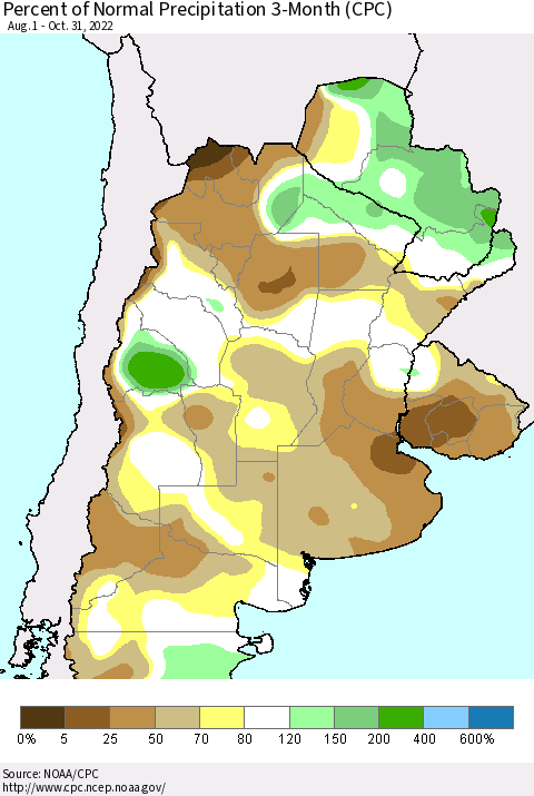 Southern South America Percent of Normal Precipitation 3-Month (CPC) Thematic Map For 8/1/2022 - 10/31/2022