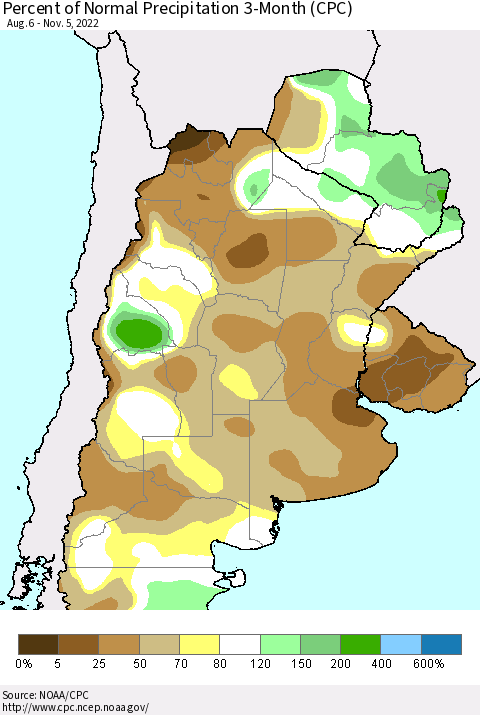Southern South America Percent of Normal Precipitation 3-Month (CPC) Thematic Map For 8/6/2022 - 11/5/2022