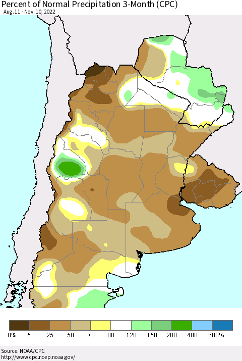 Southern South America Percent of Normal Precipitation 3-Month (CPC) Thematic Map For 8/11/2022 - 11/10/2022