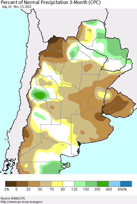 Southern South America Percent of Normal Precipitation 3-Month (CPC) Thematic Map For 8/16/2022 - 11/15/2022