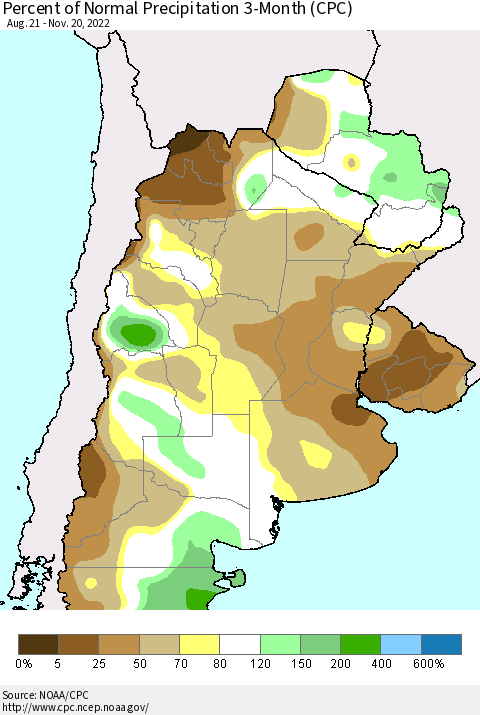 Southern South America Percent of Normal Precipitation 3-Month (CPC) Thematic Map For 8/21/2022 - 11/20/2022