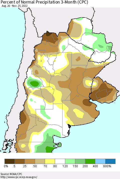 Southern South America Percent of Normal Precipitation 3-Month (CPC) Thematic Map For 8/26/2022 - 11/25/2022
