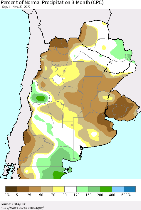 Southern South America Percent of Normal Precipitation 3-Month (CPC) Thematic Map For 9/1/2022 - 11/30/2022