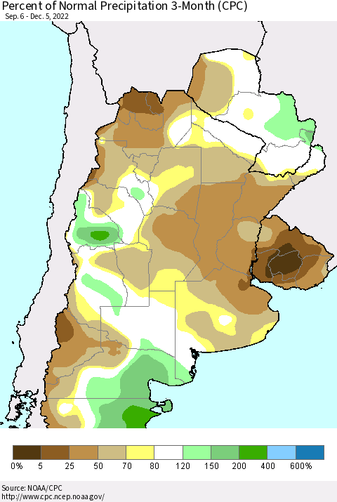 Southern South America Percent of Normal Precipitation 3-Month (CPC) Thematic Map For 9/6/2022 - 12/5/2022