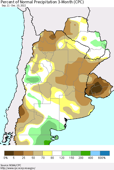 Southern South America Percent of Normal Precipitation 3-Month (CPC) Thematic Map For 9/11/2022 - 12/10/2022