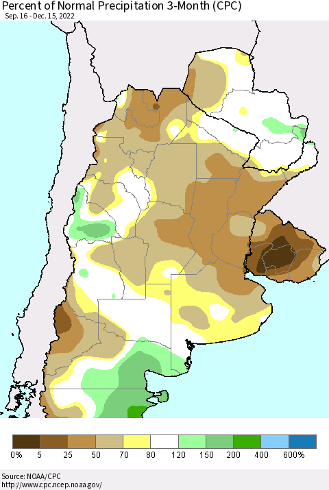 Southern South America Percent of Normal Precipitation 3-Month (CPC) Thematic Map For 9/16/2022 - 12/15/2022