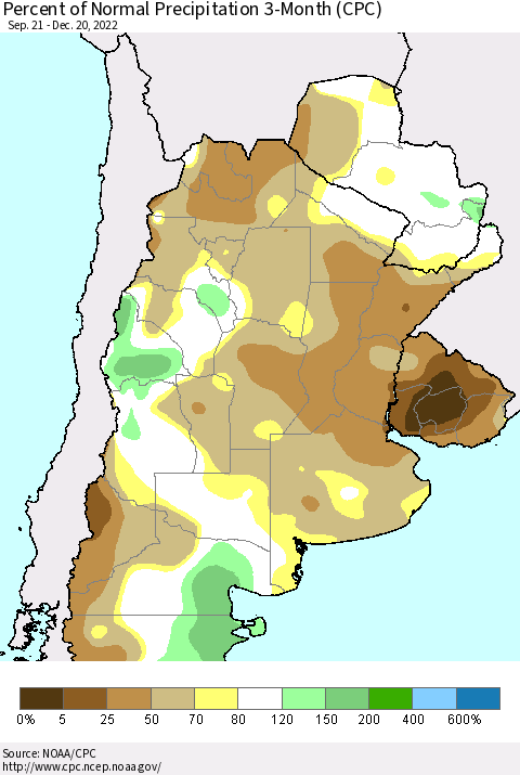 Southern South America Percent of Normal Precipitation 3-Month (CPC) Thematic Map For 9/21/2022 - 12/20/2022