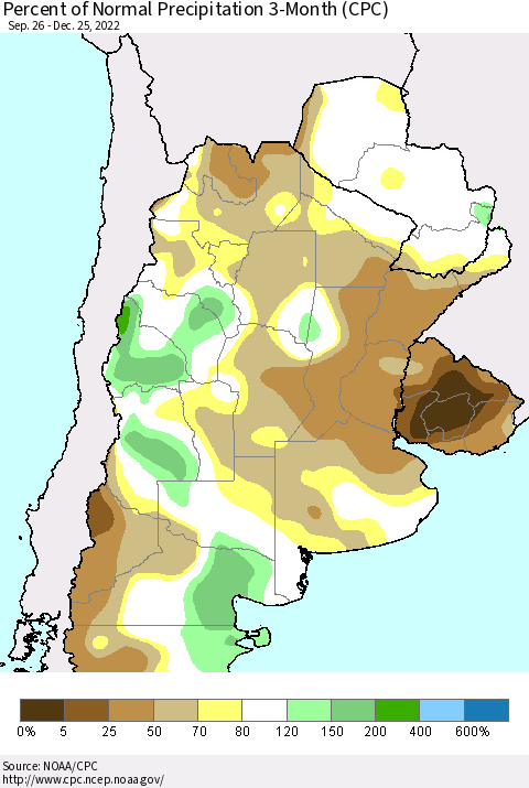 Southern South America Percent of Normal Precipitation 3-Month (CPC) Thematic Map For 9/26/2022 - 12/25/2022