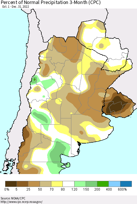 Southern South America Percent of Normal Precipitation 3-Month (CPC) Thematic Map For 10/1/2022 - 12/31/2022