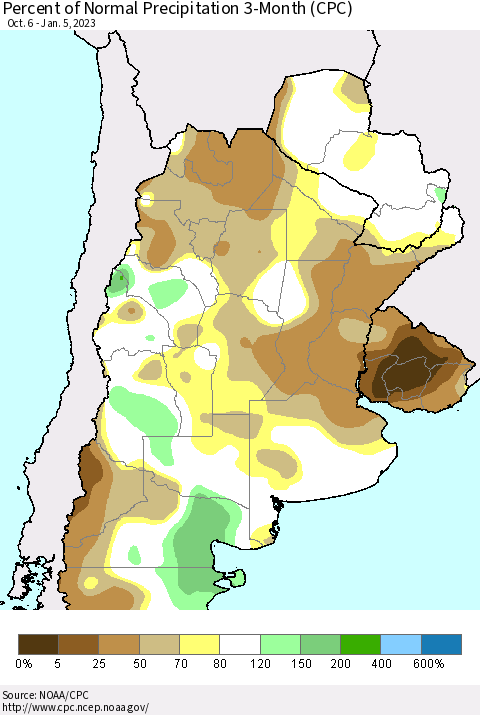 Southern South America Percent of Normal Precipitation 3-Month (CPC) Thematic Map For 10/6/2022 - 1/5/2023