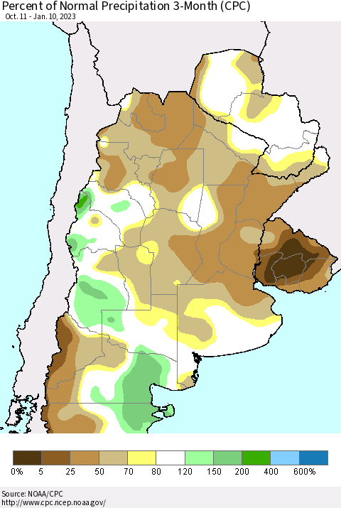 Southern South America Percent of Normal Precipitation 3-Month (CPC) Thematic Map For 10/11/2022 - 1/10/2023