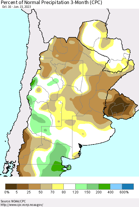 Southern South America Percent of Normal Precipitation 3-Month (CPC) Thematic Map For 10/16/2022 - 1/15/2023