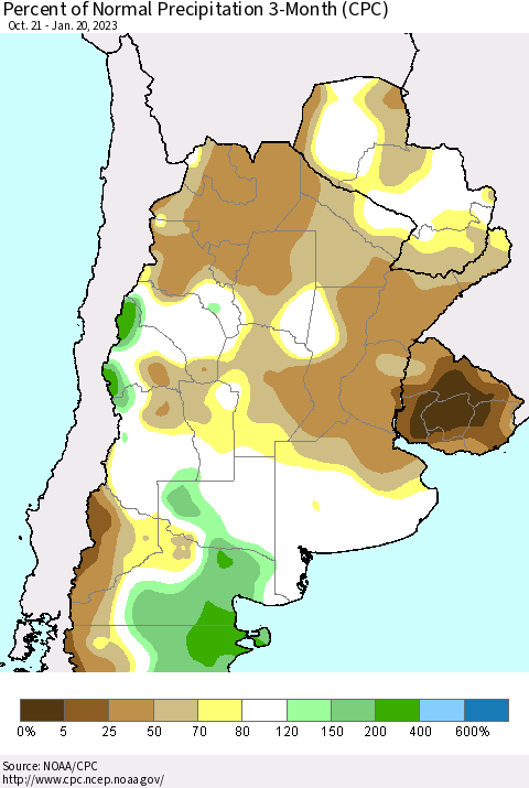 Southern South America Percent of Normal Precipitation 3-Month (CPC) Thematic Map For 10/21/2022 - 1/20/2023
