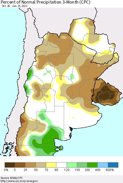 Southern South America Percent of Normal Precipitation 3-Month (CPC) Thematic Map For 10/26/2022 - 1/25/2023