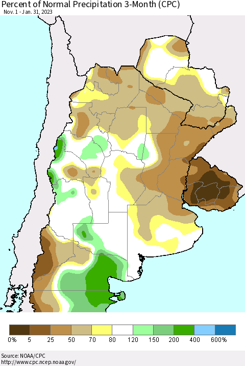 Southern South America Percent of Normal Precipitation 3-Month (CPC) Thematic Map For 11/1/2022 - 1/31/2023