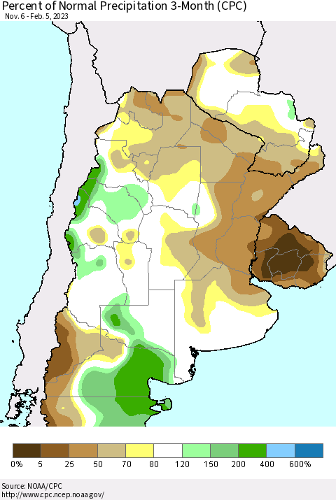 Southern South America Percent of Normal Precipitation 3-Month (CPC) Thematic Map For 11/6/2022 - 2/5/2023